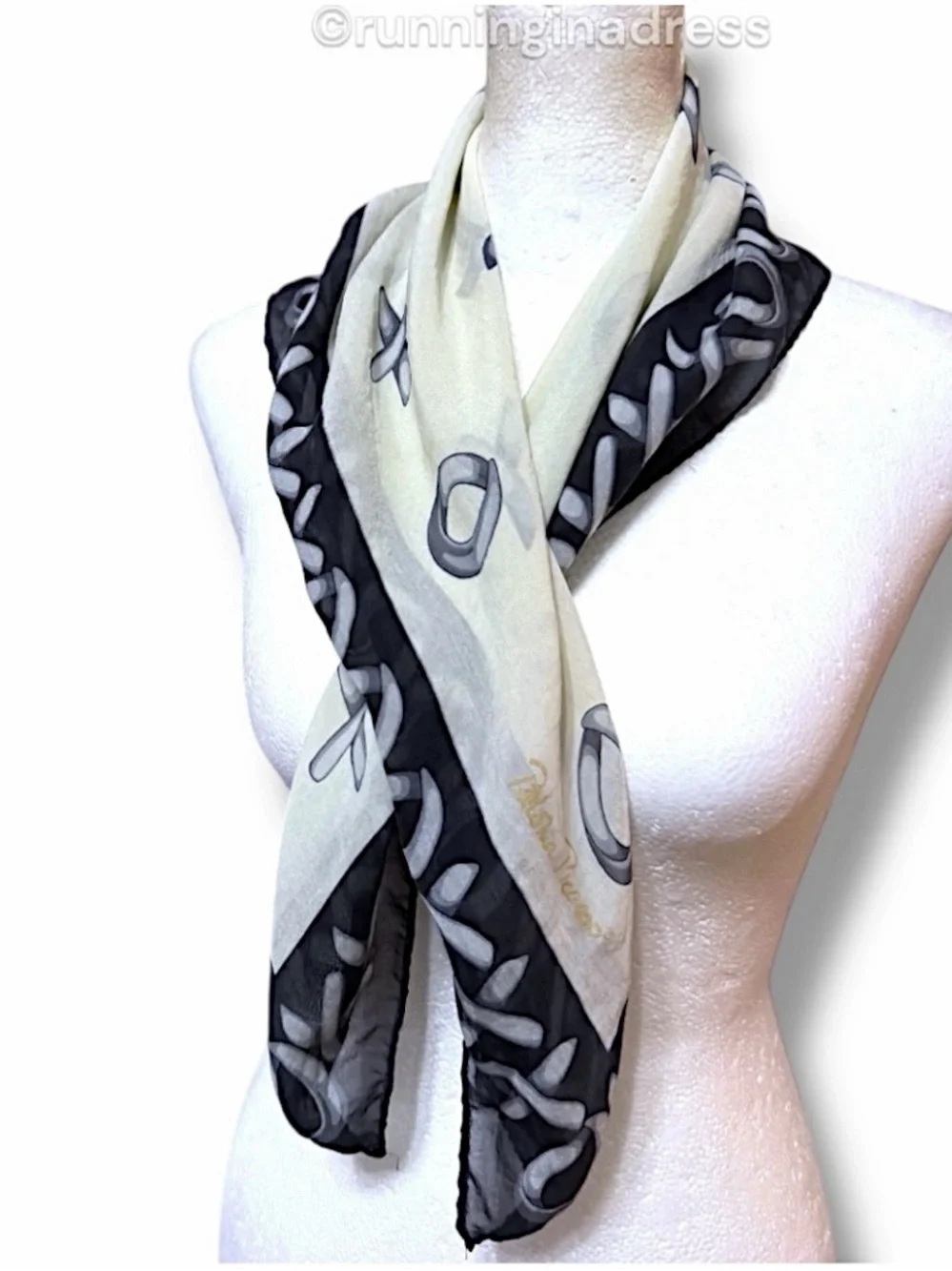 Vintage Paloma Picasso XOXO Silk Scarf Black Beige Hugs & Kisses Italy